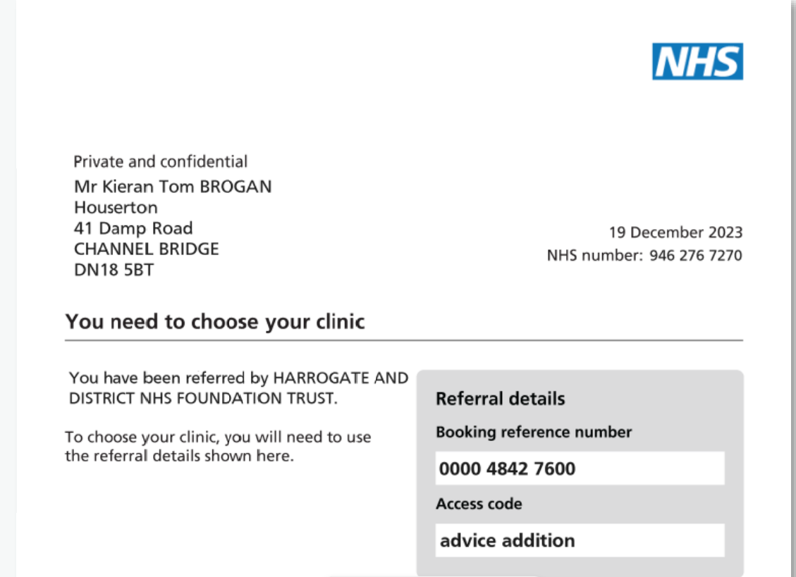 An example letter about a referral. It has a grey box on the right hand side of the first page which contains the booking reference number and access code.