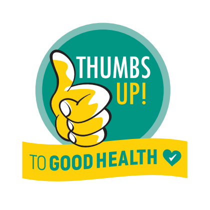 A cartoon hand making a thumbs up sign. Text reads: Thumbs up to good health