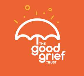 The Good Grief Trust logo, a white umbrella outline on an orange background