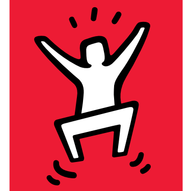 A white cartoon figure jumping up off the ground on a red background