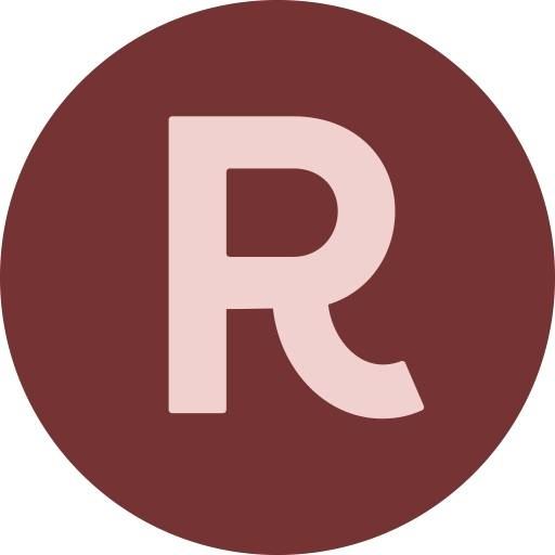 The Relate logo, a pale pink capital R on a maroon background